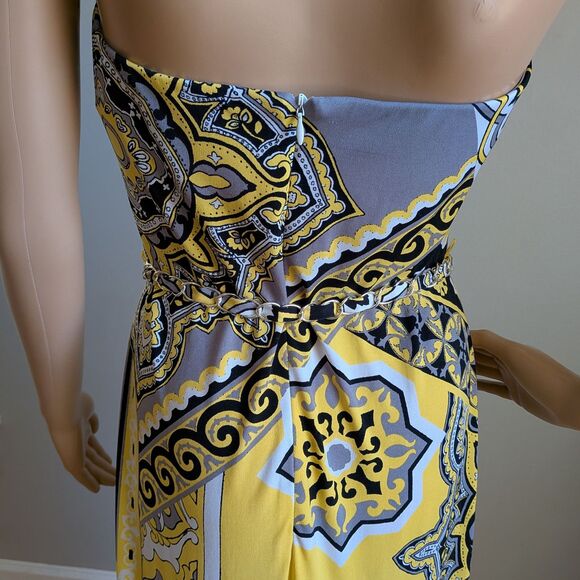 Vintage Y2K Cache Yellow Mixed Print Maxi Dress Chain Belt Strapless Size Large - Picture 12 of 13
